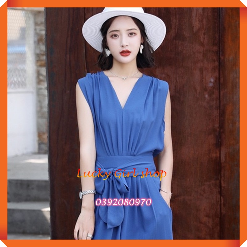 Đầm Thun Cotton Twenty One Cổ V Xẻ Sâu Xếp Li Vai, Bo Eo, 2 Túi Hông Size S-M - Hàng VNXK - Lucky Girl shop