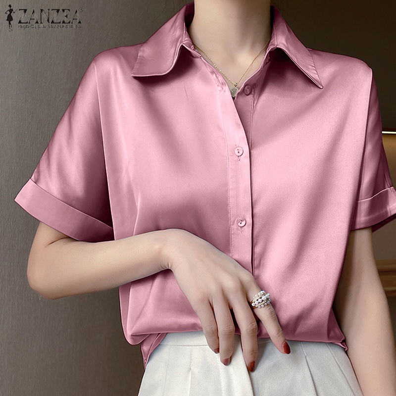 ZANZEA Áo Sơ Mi Vải Satin Tay Ngắn Cổ Bẻ Thời Trang Cho Nữ