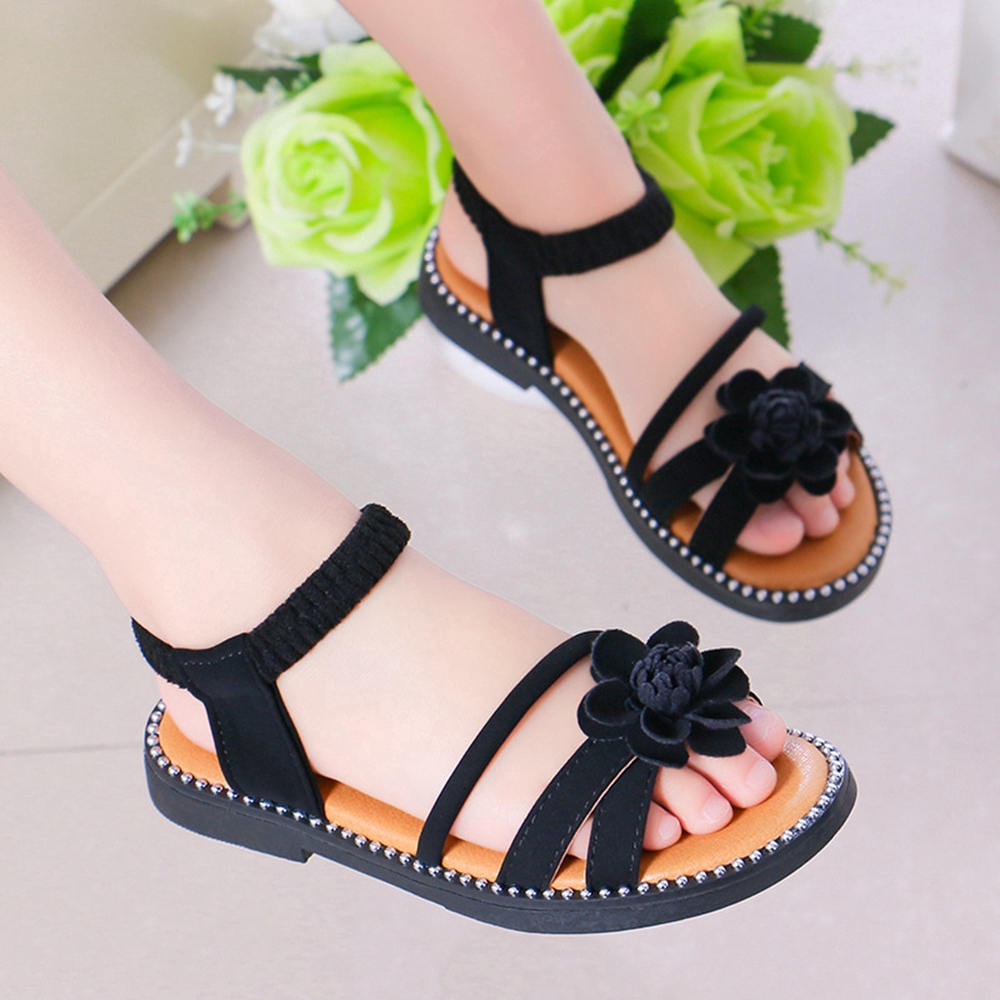 4-16 Years Plus Size Kids Girls Sandals Shoes Rome Fashion Leather Pink Girls Princess Black Sandals Rubber Sole