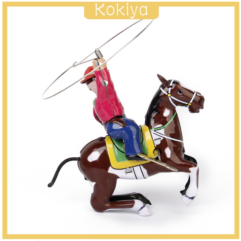 [KOKIYA] Vintage Wind Up Clockwork Tin Toy Cowboy on Horse w/ Whip Lasso Collectible Gift