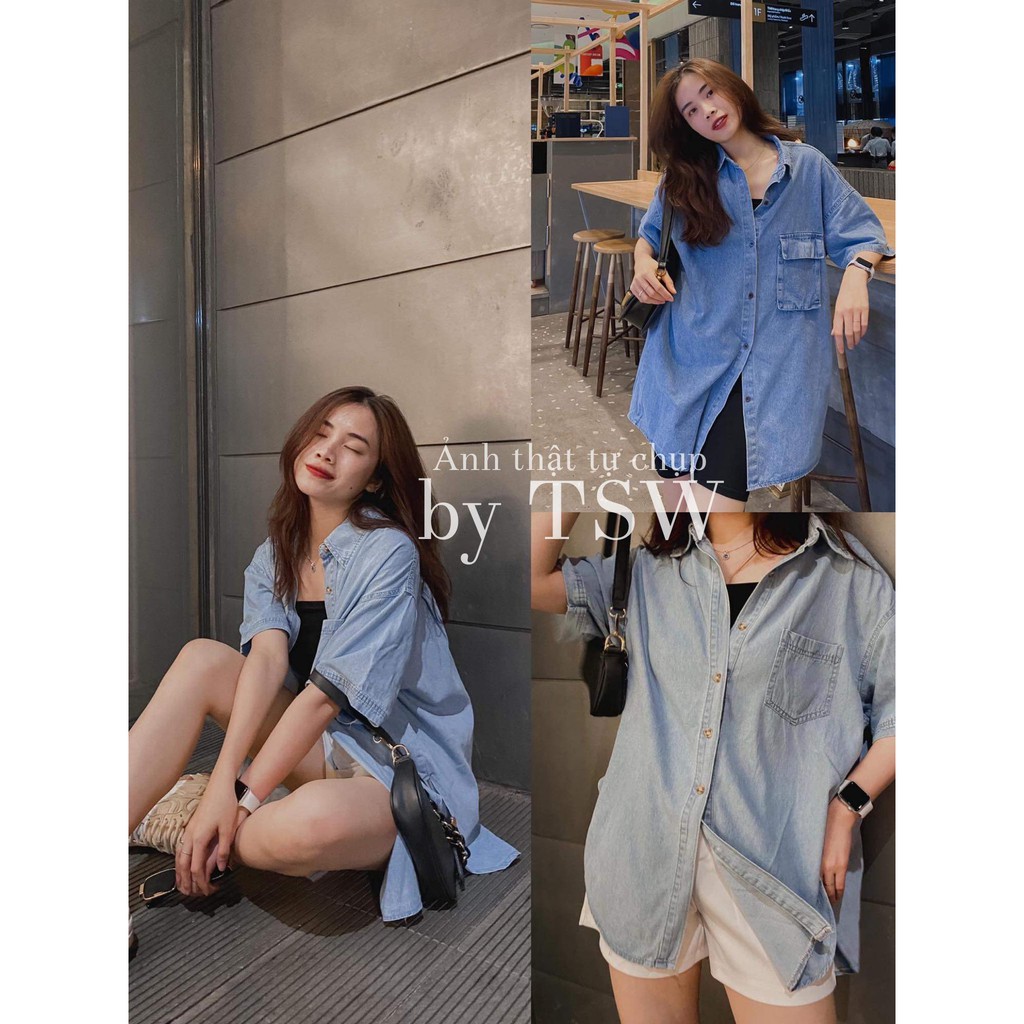 Áo sơ mi denim cộc tay oversize 2 mẫu dày & mỏng ( Ảnh thật )