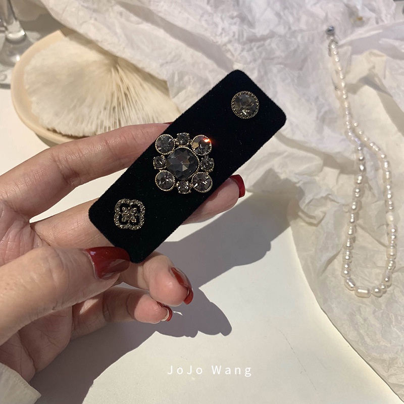 Kẹp Tóc Nhung Đen Đính Đá Lấp Lánh Phong Cách Vintage Hàn Quốc Cho Nữ