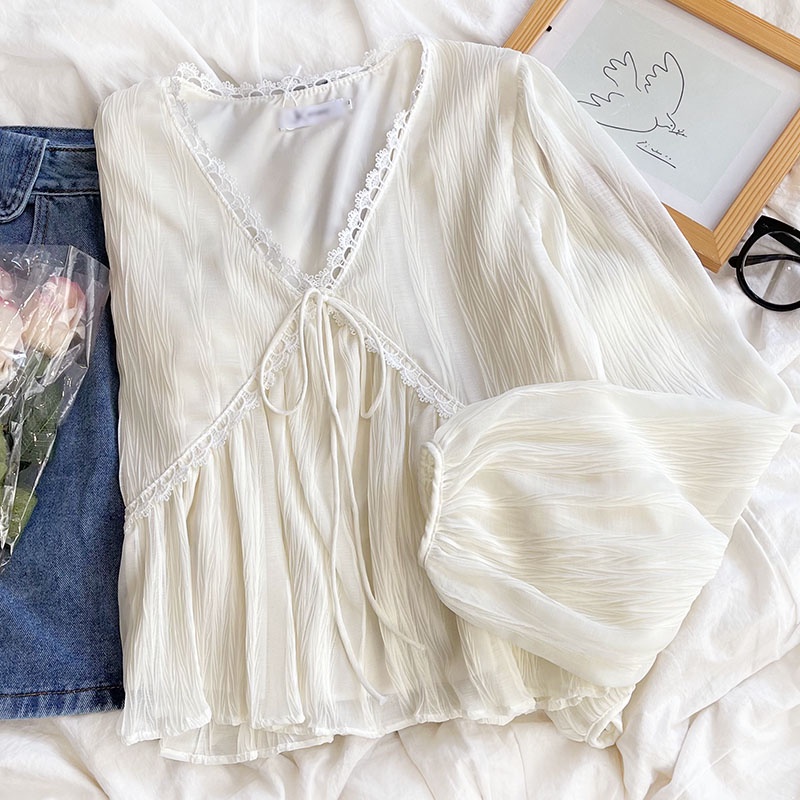 Áo Sơ Mi Chiffon Xếp Ly Dáng Rộng Tay Dài Phong Cách Hàn Quốc Baju Baju Wanita Lengan Panjang Hàng Mới Có Sẵn