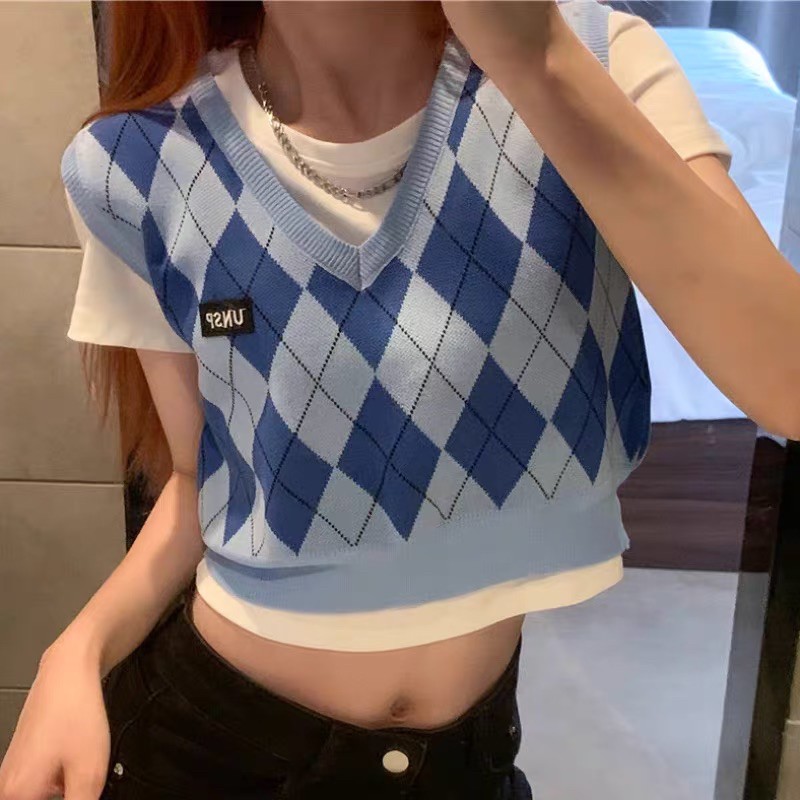 Áo gile len croptop xanh dương