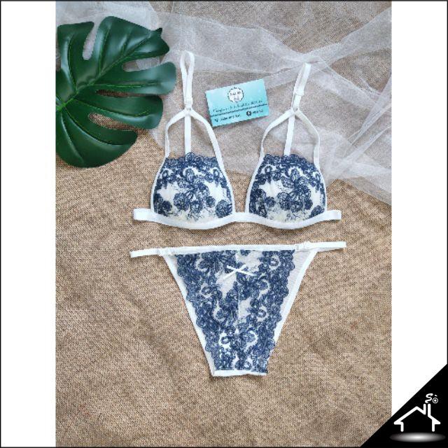 Bộ đồ lót sexy by Nhà Sò lưới thêu họa tiết xanh quần dây NS061