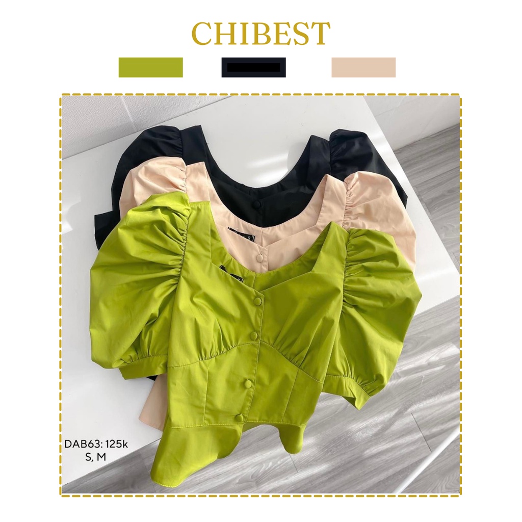 Áo peplum nút bọc phối tay nhún phồng vạt bầu chất liệu vải kate CHIBEST DAB63