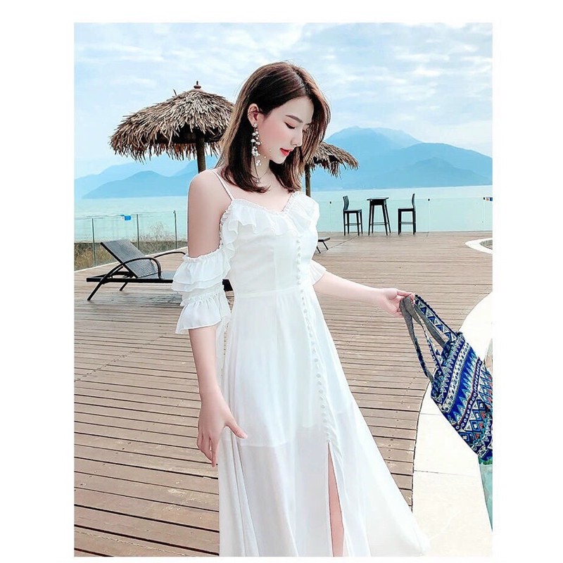 (miễn phí chỉnh váy) đầm maxi trễ vai nút bọc xẻ tà đi biển du lịch chụp ảnh sống ảo tiểu thư cực xinh | BigBuy360 - bigbuy360.vn