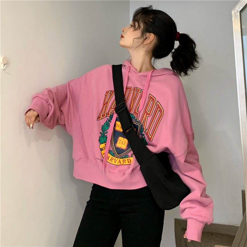 Áo hoodie tay dài dáng rộng in họa tiết duyên dáng phong cách mùa thu