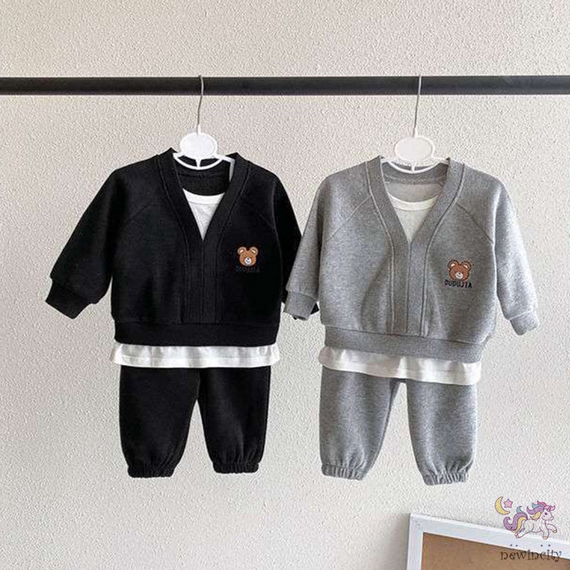 Set 2 món áo dài tay in họa tiết hoạt hình + quần dài kiểu Hàn Quốc xinh xắn cho bé