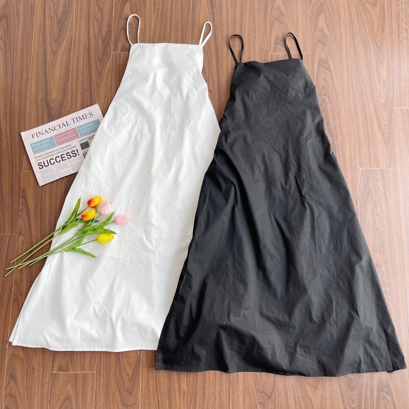 ĐẦM DÀI HAI DÂY ANT DRESS thiết kế form suông oversize hở lưng quyến rũ có kèm mút ngực màu trắng đen mặc đi chơi hẹn hò