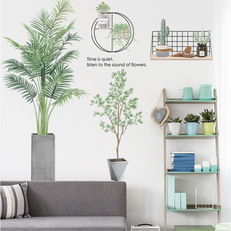 Decal dán tường trang trí - CHẬU CÂY XANH KÈM KỆ XƯƠNG RỒNG TINH TẾ - cao cấp