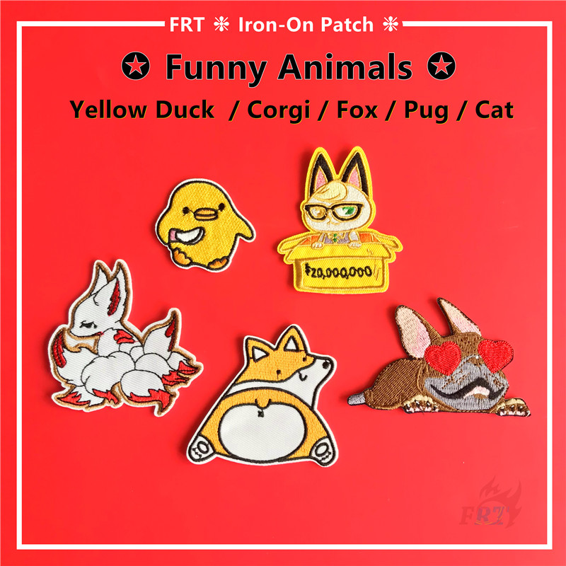 ☸ Funny Animals Series 01 - Yellow Duck / Corgi / Nine-tailed Fox / Pug Dog / Cat Iron-on Patch ☸ 1Pc Pets DIY Sew on Iron on Badges Patches