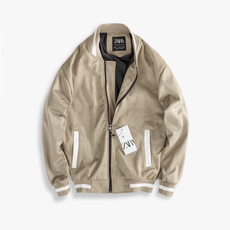 Áo khoác Bomber Jacket da lộn ZR phối viền chất da dày ấm