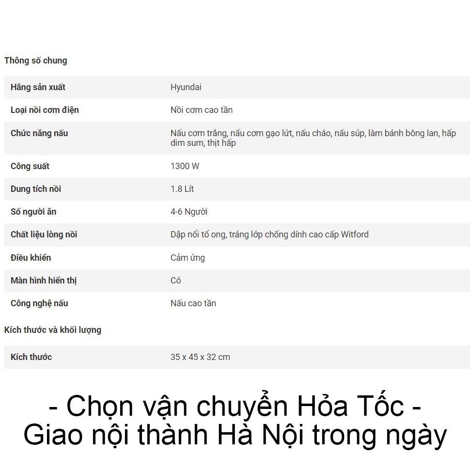 Nồi cơm điện cao tần thương hiệu Hyundai Hàn Quốc 1.5L và 1.8L - Nồi cơm điện cho gia đình, lòng niêu dày, chắc chắn