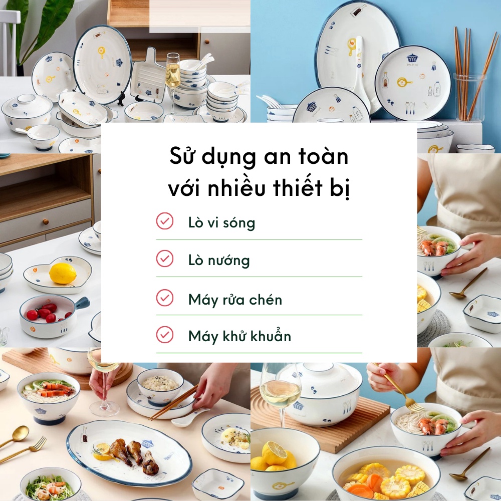 Bát đĩa gốm sứ YANDY HOME BB13 màu trắng họa tiết dụng cụ bếp men bóng đẹp dễ thương 15 chi tiết