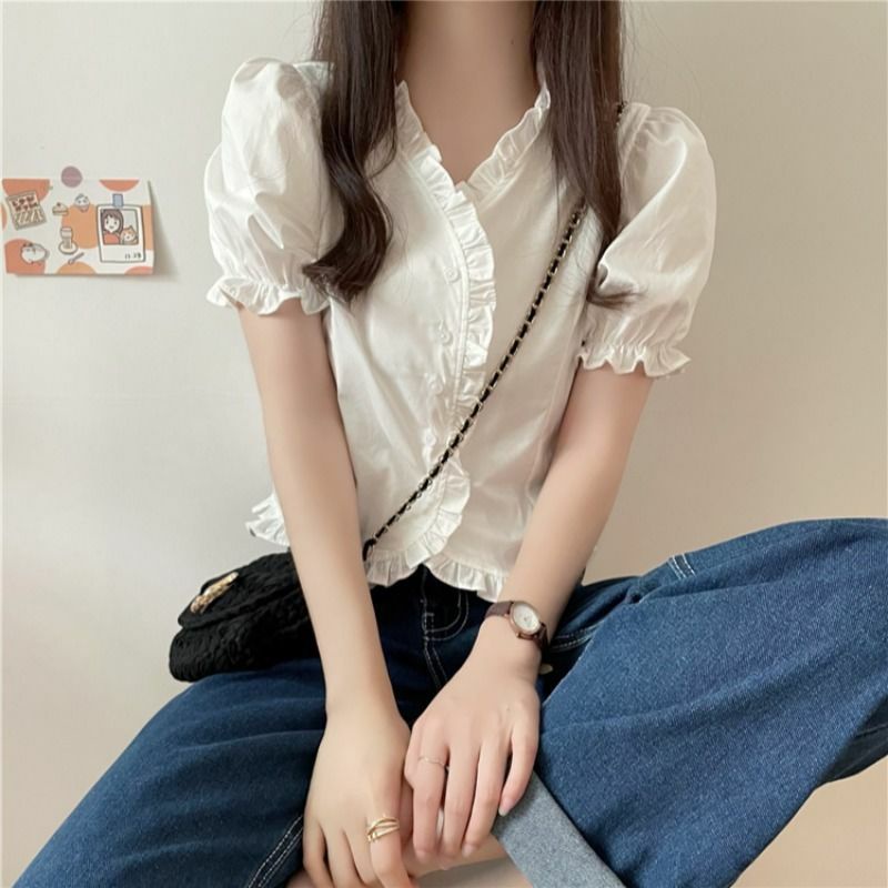 Áo Sơ Mi Nữ Tay Ngắn Viền Bèo Cute Ulzzang