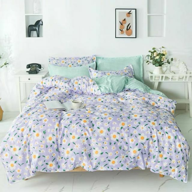 Bộ Chăn Ga Gối Hoa Tím Cotton Poly
