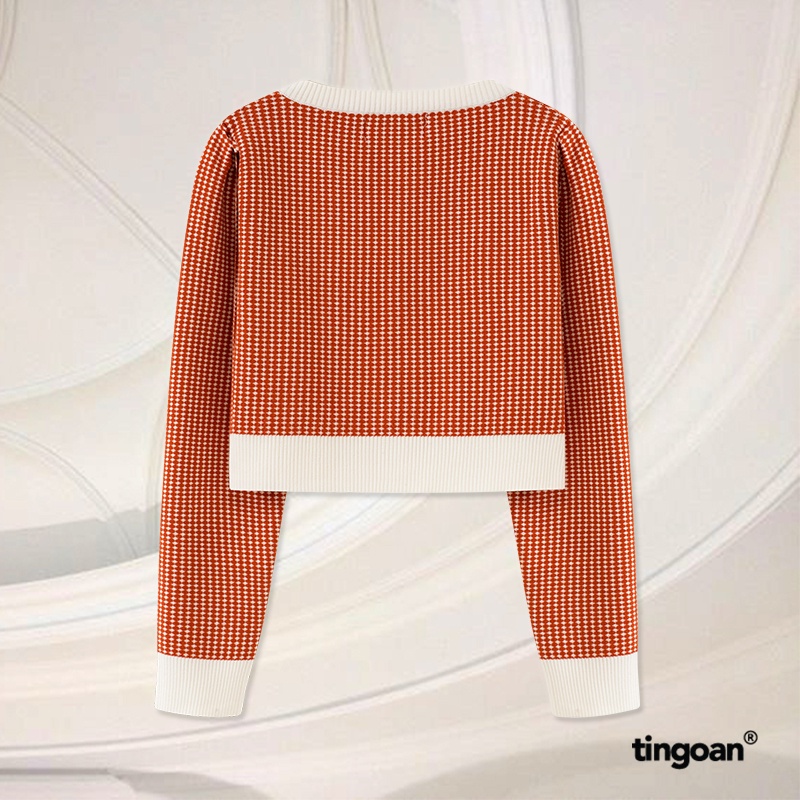 TINGOAN®  - Áo set len xù cardigan lửng tặng kèm quây 2 dây kẻ caro cam nhỏ vai bồng LOULOU CARDIGAN/OR