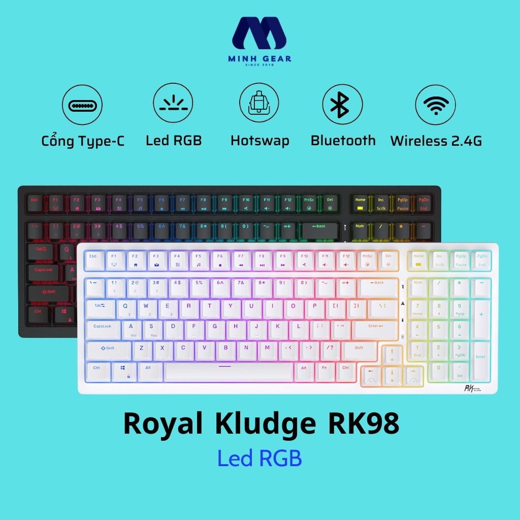 Royal Kludge RK98 - Bàn Phím Cơ Không Dây RK98 Hotswap có kết nối 3 chế độ