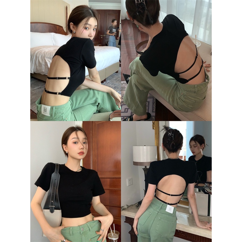 QKOOLE Áo thun lửng  tay ngắn hở lưng quyến rũ phong cách Hàn Quốc cho nữ