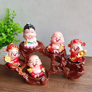 Bộ tượng Quan Âm + cặp Thần Tài + cặp Di Lặc kèm chân đế ngang 5 ô sứ