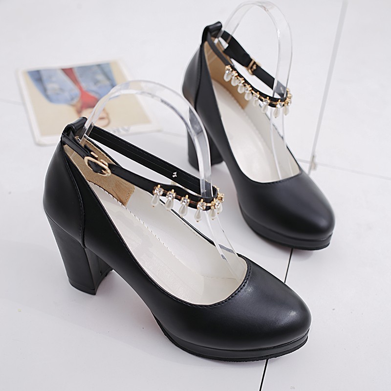 IELGY Giày cao gót đế thô quai ngọc trai thời trang sành điệu cho nữ