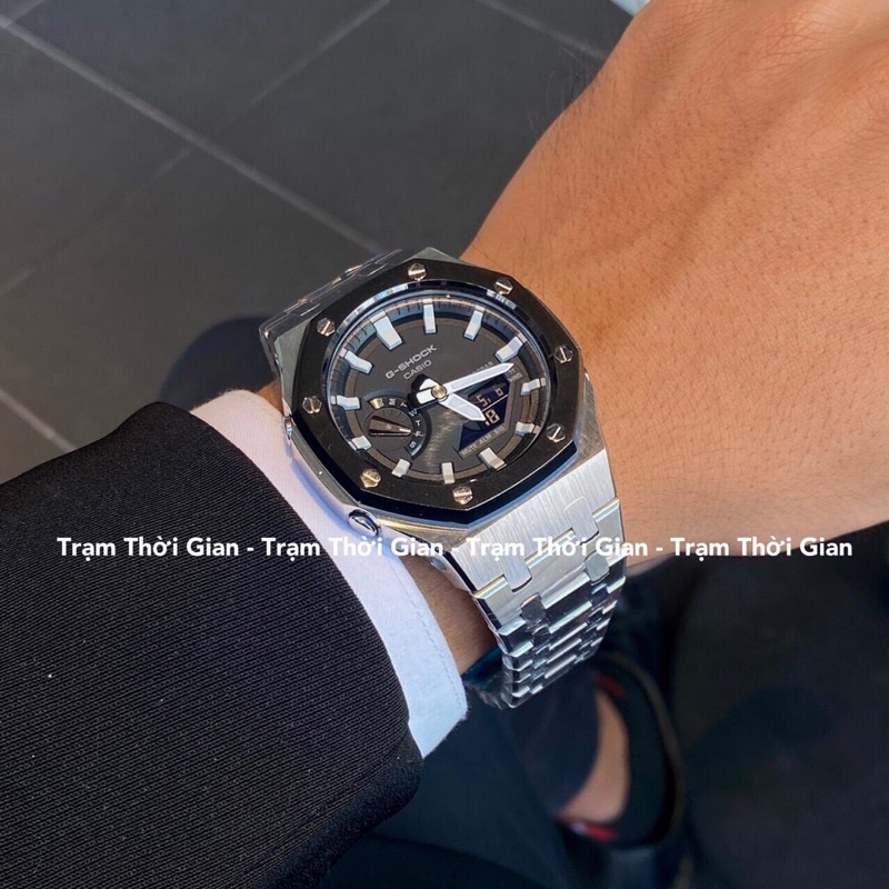 Đồng hồ nam Casio G-Shock GA-2100-1A custom set thép bạc viền đen hàng real