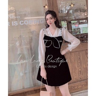 Váy nhung cổ nơ phối tay voan phồng ( đồ chốt live )