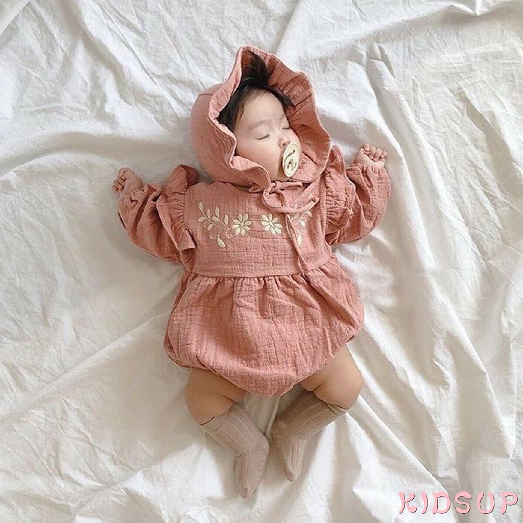 Bộ đồ liền vải cotton lanh phối bèo + mũ thời trang cho bé gái