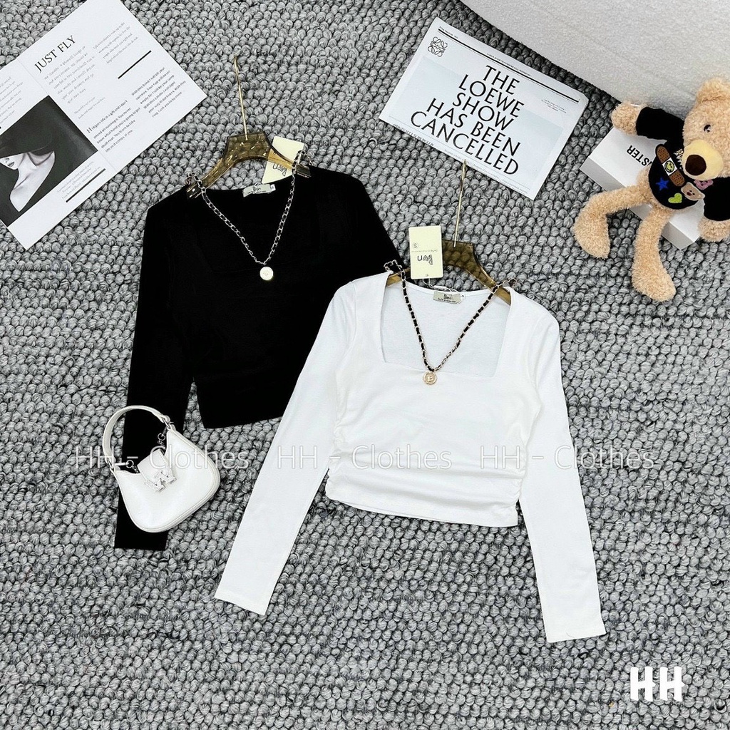 Áo kiể croptop tay dài cổ vuông 2 dây xích chéo cổ cực xinh , chất thun bozip mềm mịn