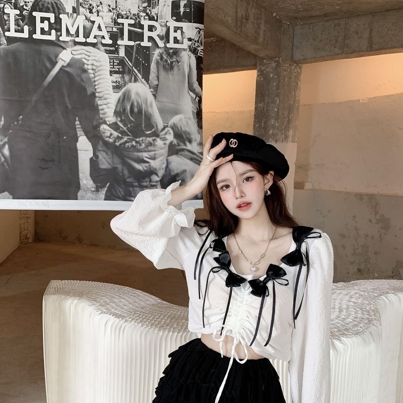 Áo Kiểu Dây Rút Xếp Ly Ôm Dáng Màu Sắc Tương Phản Họa Tiết Kẻ Sọc Phối Nơ Xinh Xắn Cho Nữ