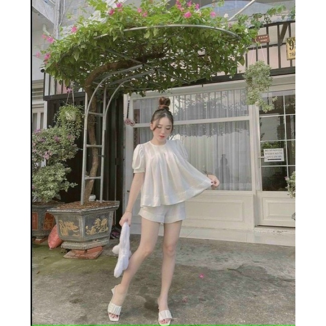 (SHOP BIGSIZE nữ 50kg đến 90kg ) set bộ quần ngắn áo tay phồng xếp ly ngực