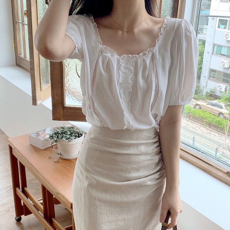 Áo kiểu tay ngắn phối ren màu sắc ngọt ngào phong cách Hàn Quốc cho nữ 44027