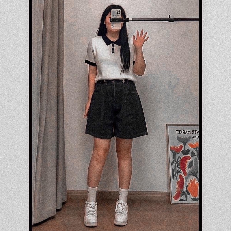 Quần Short Ngố Ống Rộng Bigsize, Đen Tuyền 3003, Lưng Cao Có Đai Giảm Eo, Không Giãn