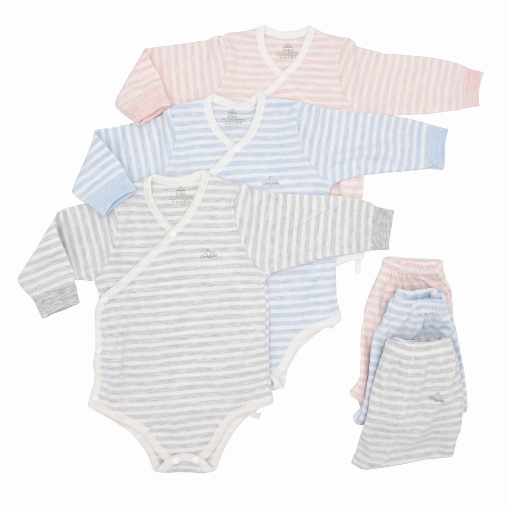 Set Bodysuit sơ sinh 5 món ComfyBaby (quần áo dài, bao tay chân, mũ) kẻ sọc màu xanh - 100% Cotton- chính hãng