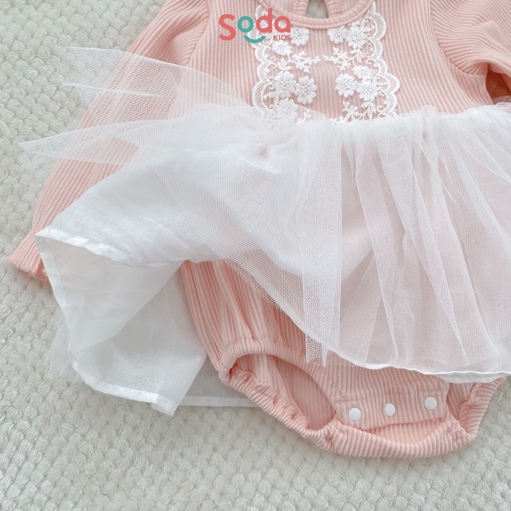 Bộ liền thân phối voan trắng hồng kèm mũ (Ảnh thật)