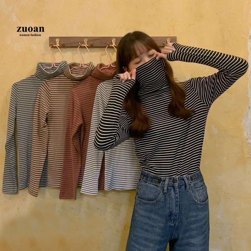 SUXI Áo cổ cao tay dài họa tiết sọc ngang trơn đáng yêu thời trang cho nữ