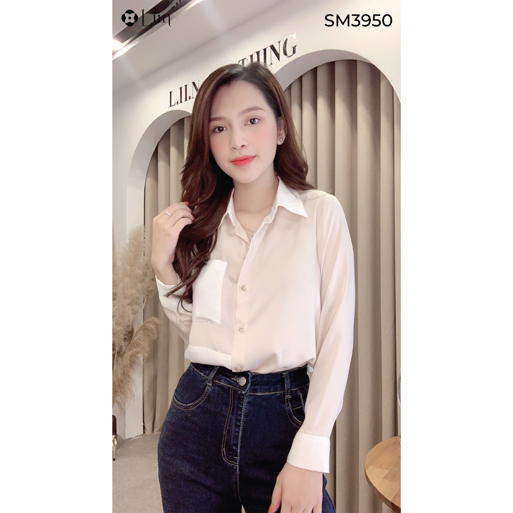 Áo sơ mi màu be phối trắng form công sở dài tay thiết kế trẻ trung Liin Clothing SM3950