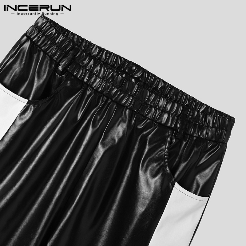 Quần INCERUN dạng dài bằng da màu sắc tương phản phong cách phương tây thời trang cho nam