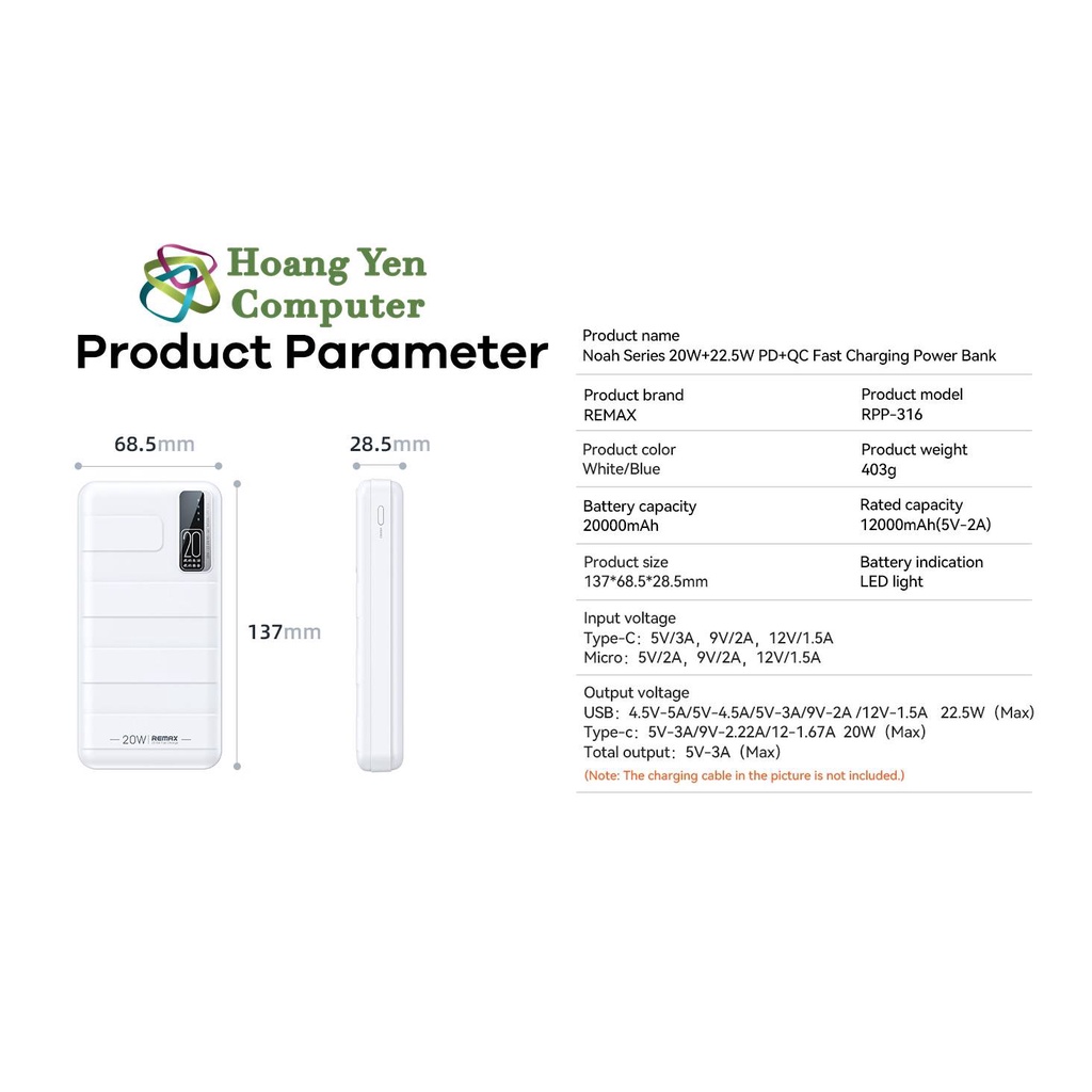 Sạc Dự Phòng Remax RPP-316 20000Mah (Sạc Nhanh QC3.0 18W, 22.5W, PD20W, VOOC 2.0) - BH 1 Năm - Hoàng Yến Computer