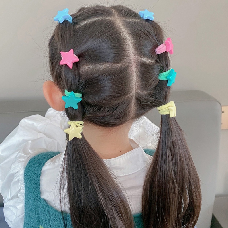 Set 10 Dây Buộc Tóc Co Giãn Cao Không Dệt Họa Tiết Hoạt Hình Đơn Giản Cho Bé Gái