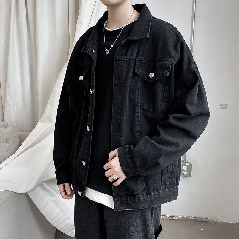 Áo khoác denim đen dáng rộng phong cách retro Hàn Quốc dễ phối đồ cho nam