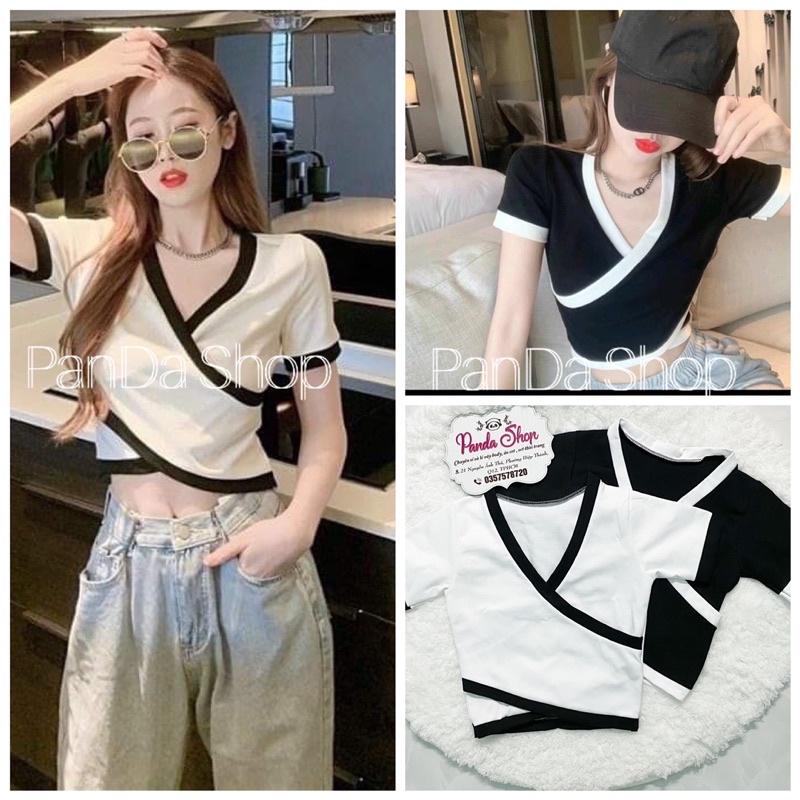 Áo croptop chéo tà phối viền
