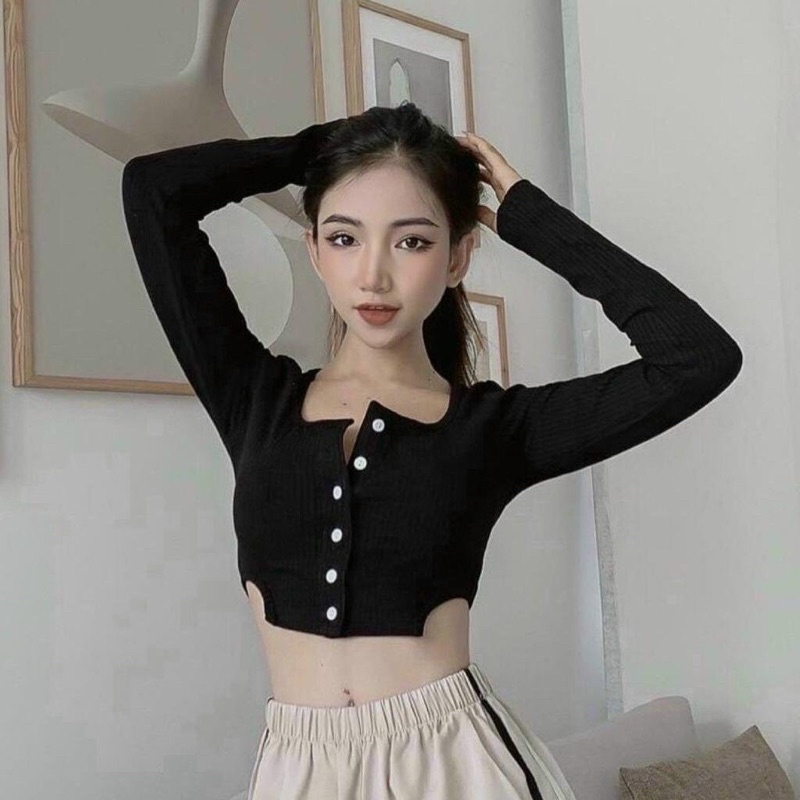 Áo thun body tay dài cổ vuông khoét eo thun porip sịn sò