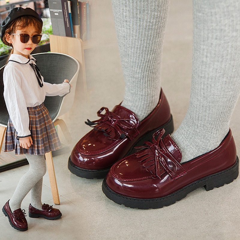 1-12Year Girls Leather Shoes British Style Tassel Party Princess Shoes Fashion Kids Student School Shoes Black