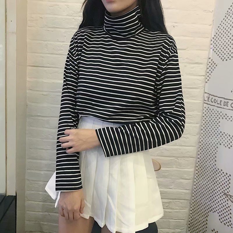 Áo thun tay dài nữ ♥️FREESHIP♥️ áo phông tay dài nữ cổ lọ họa tiết sọc kẻ ngang dễ thương