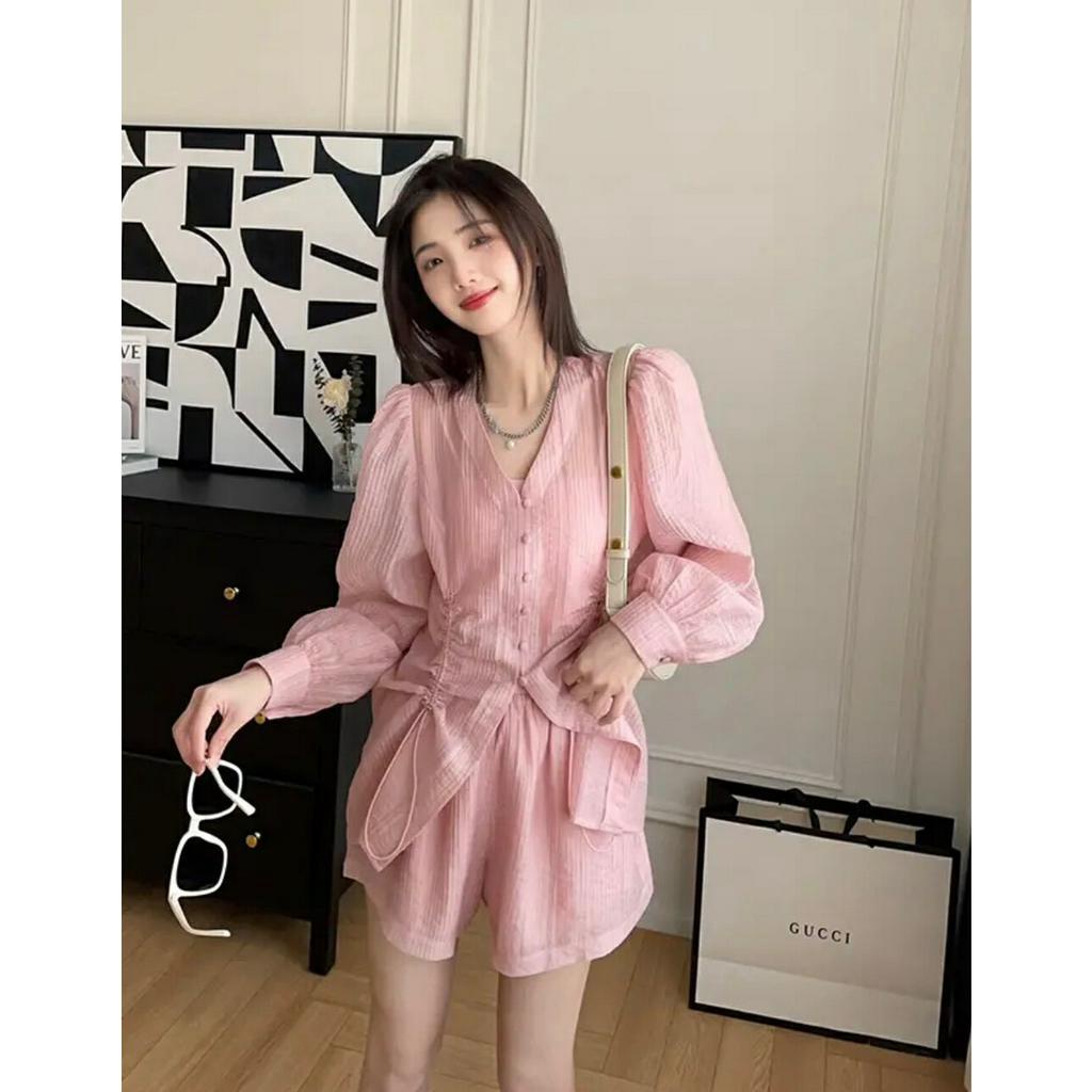 Set đũi ba món dây rút eo Estoree siêu xinh mát  tay phồng ba màu nâu kem hồng đi làm đi chơi đi biển ảnh thật
