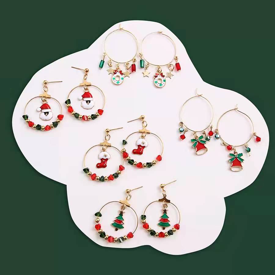 Fashion Gold Crystal Pearl Tassel Earrings Bells Elk Santa Claus Christmas Tree Earrings Women Jewelry Accessories