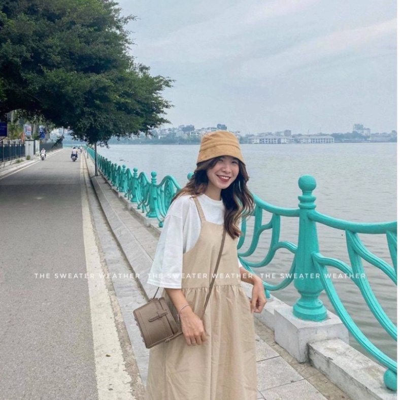 Set Váy Nữ, Bộ Yếm Kaki Mix Kèm Áo Thun Cotton/ Set Yếm Nữ Áo Thun Dáng Rộng