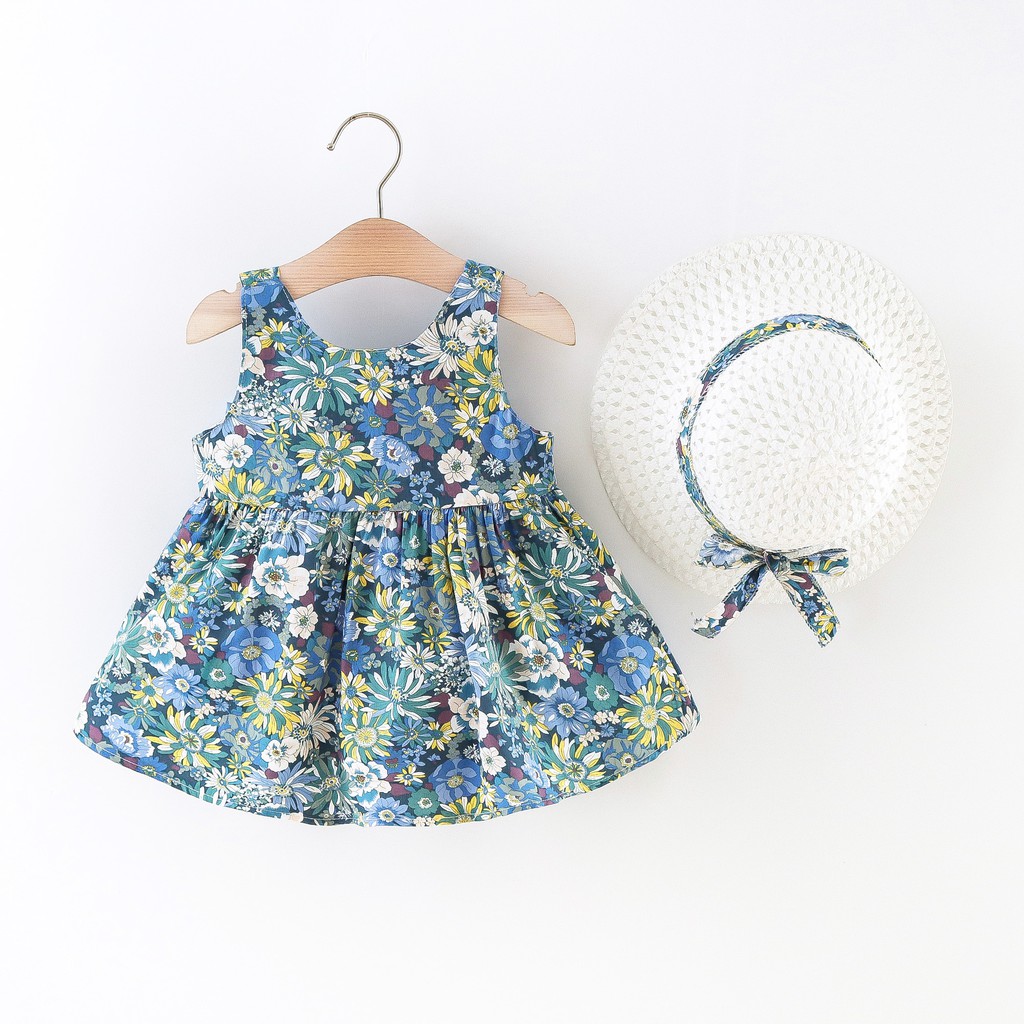 Đầm không tay đính nơ in họa tiết xinh xắn thời trang mùa hè cho bé gái từ 9 tháng đến 3 tuổi